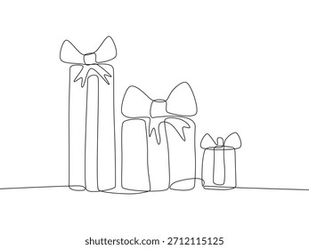 Mínimo contínuo uma arte de uma linha de três caixas de presente amarrado com arcos de fita, representando celebração e momentos festivos. Traçado editável de vetor