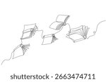 Minimal continuous one line drawing of flying books. Multiple open books appear to float or fly through the air, depicted in a simple and elegant continuous stroke. Vector style, editable line art.