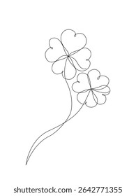 Minimal continuous one line drawing of two four-leaf clovers, symbolizing good luck and positive energy in a clean and simple style. Vector Editable stroke