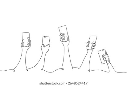 Mínimo contínuo desenho de uma linha de várias mãos segurando smartphones, simbolizando a comunicação digital moderna e conectividade. Traçado editável de vetor