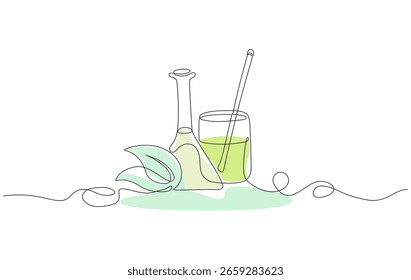 Mínimo contínuo desenho de uma linha de vidro com líquido verde e folhas, representando o extrato natural, cuidado com a pele orgânica, ou conceito de produto eco-friendly. Ilustração vetorial, traçado editável.