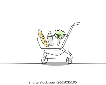 Minimal continuous one line drawing of a shopping cart with groceries including bread, a bottle, and vegetables. Simple vector illustration with editable stroke, isolated on white background.
