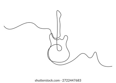 Ilustración de dibujo de una línea continua mínima que compensa el cuerpo de la guitarra eléctrica con un camino de onda de sonido musical fluido.