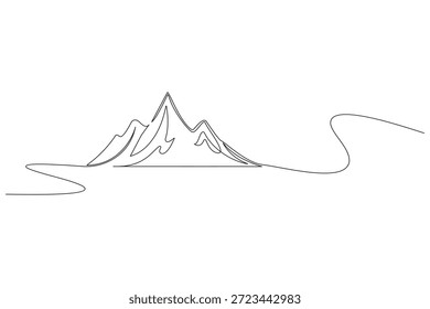 Minimale durchgehende einzeilige Zeichnung von Berggipfeln und einem Wanderweg für Outdoor-Abenteuer-Branding