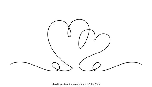 Dibujo continuo mínimo de una línea con dos corazones integrados en una línea ondulada que fluye. Doodle romántico simple para diseños de San Valentín, conceptos de amor, carteles, tarjetas y decoraciones modernas