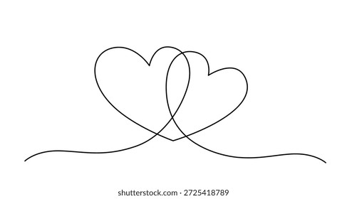 Dibujo continuo mínimo de una línea con dos corazones integrados en una línea ondulada que fluye. Doodle romántico simple para diseños de San Valentín, conceptos de amor, carteles, tarjetas y decoraciones modernas