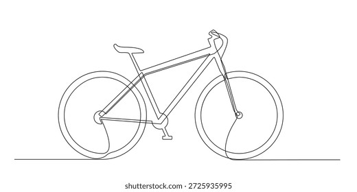 Minimale durchgehende einzeilige Zeichnung eines Fahrrads. Saubere lineare Illustration, die ein Fahrrad in einfachem Outline-Stil zeigt, geeignet für modernes Design, Poster, Branding und redaktionelle Nutzung.