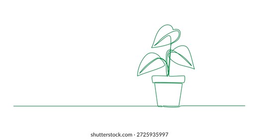 Mínimo contínuo desenho de uma linha de uma planta em um pote. Arte simples em linha botânica com linhas limpas, ideal para design moderno, decoração caseira, cartazes, marca e uso editorial.