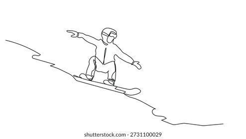 Minimal continuous one line drawing of a snowboarder in motion. Abstract line art capturing speed, freedom, and winter sports energy, ideal for branding, posters, and outdoor design.