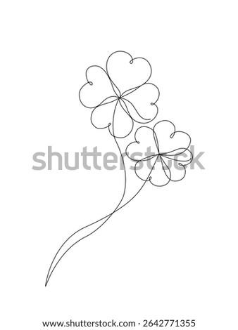 Minimal continuous one line drawing of two four-leaf clovers, symbolizing good luck and positive energy in a clean and simple style. Vector Editable stroke