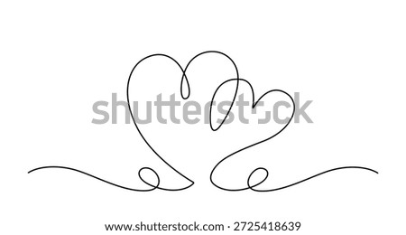 Minimal continuous one line drawing with two hearts integrated into a flowing wavy line. Simple romantic doodle for Valentine designs, love concepts, posters, cards and modern decorations