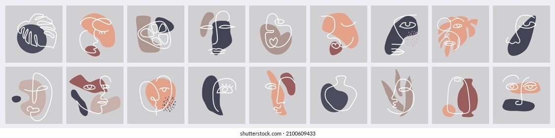 Fijación mínima de una línea continua. Diversas formas y objetos. Plantillas modernas de iconos contemporáneos para afiches, medios sociales. Vector