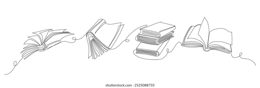 Kontinuierliche eine Zeile Bücher einzeln auf weißem Hintergrund, Vektorgrafik handgezeichnet	