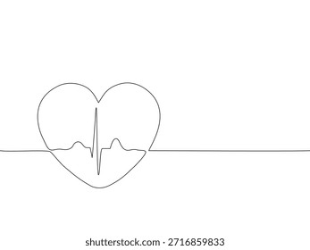 Ilustração contínua mínima de uma linha de um coração com linha de batimento cardíaco ECG, desenhada em contorno preto limpo sobre fundo branco, simbolizando a vida, a saúde, o amor e o cuidado médico. Traçado editável de vetor