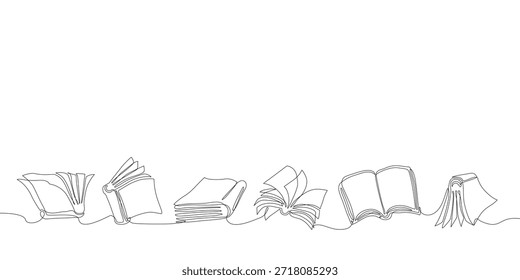 Minimale durchgehende einzeilige Illustration offener und gestapelter Bücher in einem fließenden horizontalen Layout, symbolisiert Lesen, Wissen, Bildung und lebenslanges Lernen auf sauberem, weißem Hintergrund. Bearbeitbarer Strich