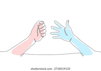 Ilustración mínima continua de una línea de gestos de mano de roca y papel de tijeras de papel de roca, que simboliza la elección, la competencia, la estrategia y el concepto simple de toma de decisiones. Trazo editable de Vector