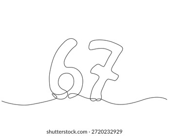 Minimal continuous one line illustration of the number 67 drawn in smooth black outline, styled as a viral meme trend, representing humor, age joke, milestone, and modern internet culture. Editable stroke