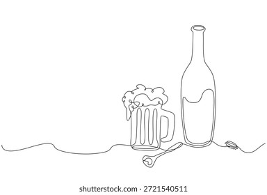 Ilustración mínima continua de una línea de una taza de cerveza con espuma y una botella con abridor, dibujada en un contorno negro limpio sobre fondo blanco, que simboliza el ocio y la bebida social. Trazo editable
