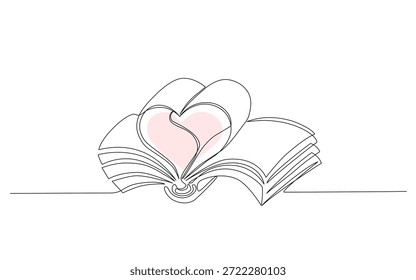 Minimale durchgehende einzeilige Illustration eines offenen Buches mit Seiten, die eine Herzform bilden und die Liebe zum Lesen, zur Bildung, zum Wissen und zur romantischen Fantasie symbolisieren. Bearbeitbarer Strich