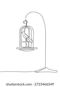 Ilustración de una línea continua mínima de una jaula de pájaros que cuelga de un soporte curvo, con un pájaro Pequeño en el interior, cautiverio, libertad, soledad y arte conceptual minimalista
