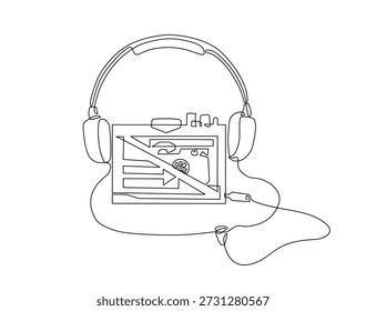 Ilustração contínua mínima de uma linha de leitor de cassetes portátil com fones de ouvido, representando música analógica, tecnologia de áudio retro e cultura de audição vintage. Traço editável vetorial