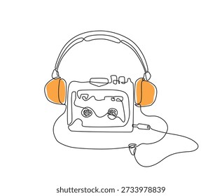 Minimal continuous one line illustration of a cassette tape connected to headphones, retro music, analog audio, nostalgia, and simple listening concepts in a clean minimalist style. Editable stroke