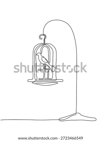 Minimal continuous one line illustration of a birdcage hanging from a curved stand, featuring a small bird inside, captivity, freedom, solitude, and minimalist conceptual art. Editable stroke