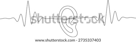 Minimal continuous one line illustration of a human ear connected with sound waves. Concept of listening, hearing, audio perception and communication. Sound awareness linear vector design.