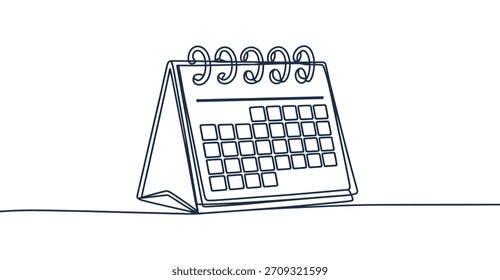 Minimal continuous one-line drawing of a desk calendar with spiral binding, simple modern line art illustration representing planning, scheduling, time management, organization and productivity
