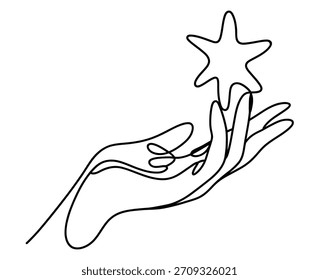Desenho de uma linha contínua mínima de uma mão segurando delicadamente uma estrela, ilustração moderna elegante da arte da linha simbolizando esperança, inspiração, realização, sonhos, criatividade e aspiração