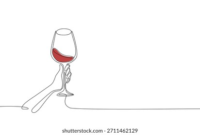 Dibujo mínimo de una línea de una mano sosteniendo una copa de vino con vino tinto, con un amplio espacio de copia limpia a la derecha para diseños creativos, texto o Elementos de diseño. Trazo editable de Vector