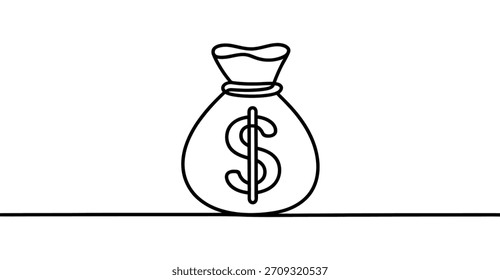 Desenho de uma linha contínua mínima de um saco de dinheiro com um símbolo de dólar, ilustração de arte de linha moderna simples representando conceitos de finanças, poupança, riqueza, investimento, banco e crescimento econômico