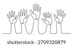 Minimal continuous one-line drawing of multiple raised hands symbolizing teamwork, volunteering, unity, support, community participation and collective collaboration in a clean modern line art style