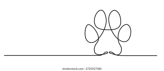  Dibujo continuo mínimo de una línea de una huella de pata que simboliza el cuidado de las mascotas, el amor, la lealtad y la compasión por los animales. Arte de línea abstracto simple para branding, clínicas veterinarias y servicios para mascotas.