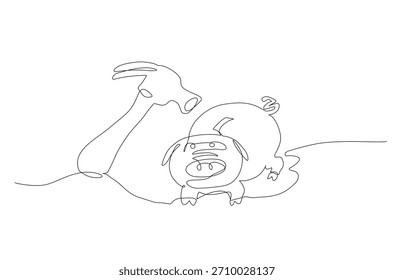 Minimal continuous one-line drawing showing a hammer raised toward a piggy bank, illustrated in a simple abstract style with clean strokes and playful minimal character.