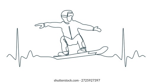  Minimale durchgehende einzeilige Zeichnung eines Snowboarders, umrahmt von Herzschlaglinien, die Leidenschaft, Energie und Liebe für Snowboarden und Wintersport symbolisieren. Moderne abstrakte Linienkunst.