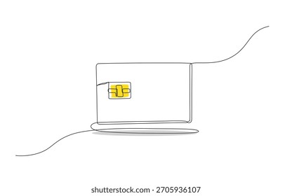 	
Ilustração contínua mínima de uma linha de um cartão de chip digital com uma linha curva limpa, representando a identidade eletrônica moderna, pagamentos seguros e acesso financeiro digital. Traçado editável