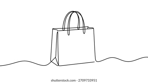 Minimale durchgängige einzeilige Illustration einer Einkaufstasche mit Griffen, die elegante moderne Linienkunst perfekt für das Retail-Branding, E-Commerce-Design, Verpackungskonzepte und Werbegrafiken präsentiert