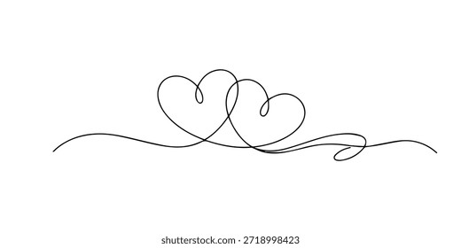 Minimal continuous single line drawing of two connected heart shapes made from one flowing line, symbolizing love, relationship, unity, and emotional connection.