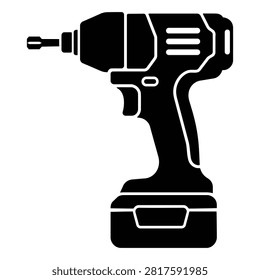 Minimal cordless impact driver outline icon in clean black and white vector style. Perfect for fastening, construction, carpentry, woodworking, workshops, hardware, engineering, home improvement, websites, mobile apps, and infographic illustrations.