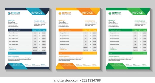 Minimal Corporate Business bill form price invoice design template. editable Modern Abstract Creative Professional Invoice template with 3 color