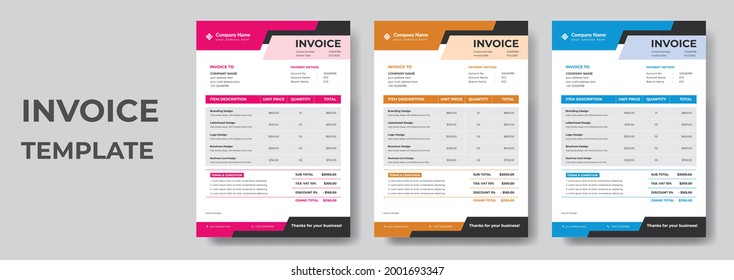 Minimal Corporate Business Invoice design template vector illustration bill form price invoice. Creative invoice template vector. business stationery design payment agreement design template