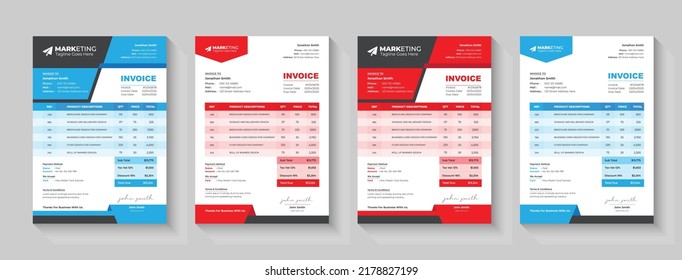 Diseño mínimo de facturas empresariales para oficinas corporativas. Facturación de cotizaciones, facturas de dinero o facturas de precios y modelos de diseño de acuerdos de pago. Plantilla de factura creativa en 4 temas diferentes.