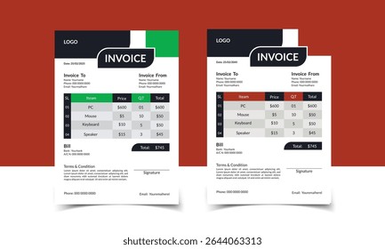 Minimal Corporate Business Invoice design template vector illustration bill form price invoice. Creative invoice template vector. business stationery design payment agreement design template