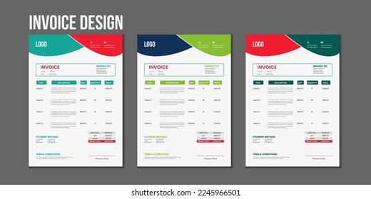 Minimal corporate Business multiple color variation a4 size invoice design template vector illustration bill form price invoice, Creative invoice template vector and business stationery design