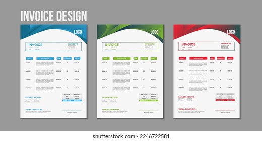 Minimal corporate Business multiple color variation a4 size invoice design template vector illustration bill form price invoice, Creative invoice template vector and business stationery design
