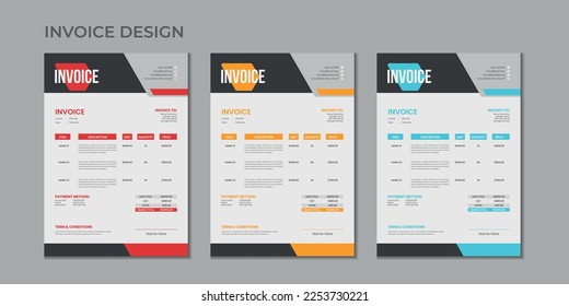 Minimal corporate Business multiple color variation a4 size vector invoice design template