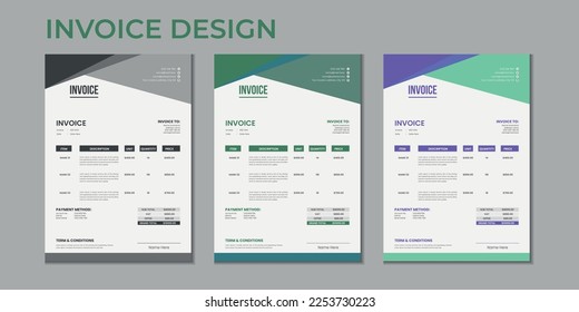 Minimal corporate Business multiple color variation a4 size vector invoice design template