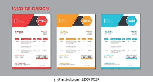 Minimal corporate Business multiple color variation a4 size vector invoice design template