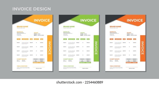 Minimal corporate Business multiple color variation a4 size vector invoice design template